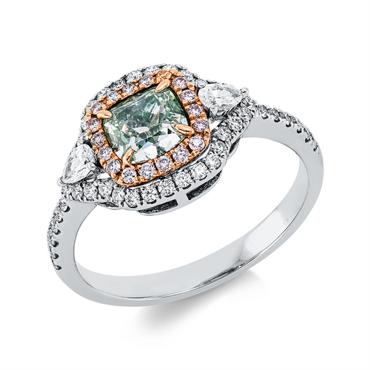 Ring 18 kt WG+RG, 2 Tr. 0,11 ct, vsi, 42 Brill. 0,22 ct, vvs, 1 Cu. 1,01 ct, grün-vs2, 18 Brill. 0,09 ct, pink