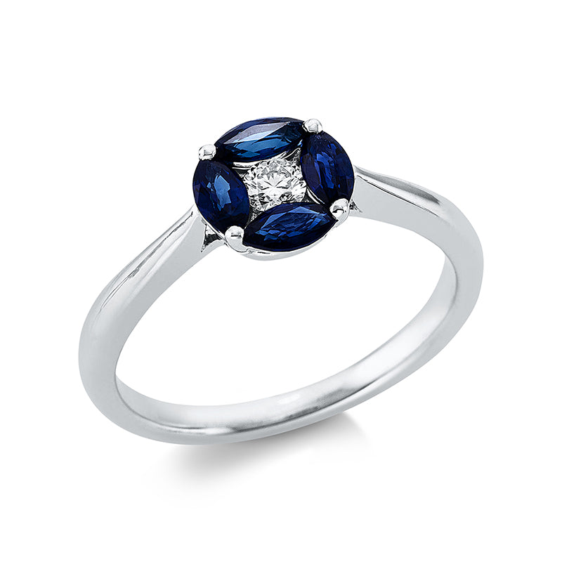 Ring 18 kt WG, 1 Brill. 0,11 ct, TW-si, 4 Saphire 0,62 ct blau