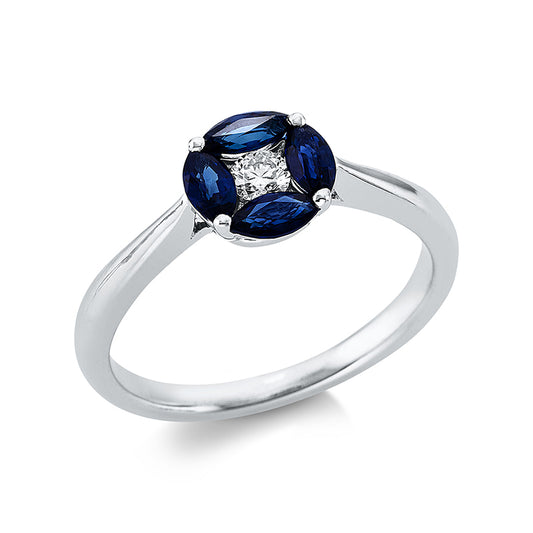 Ring 18 kt WG, 1 Brill. 0,11 ct, TW-si, 4 Saphire 0,62 ct blau