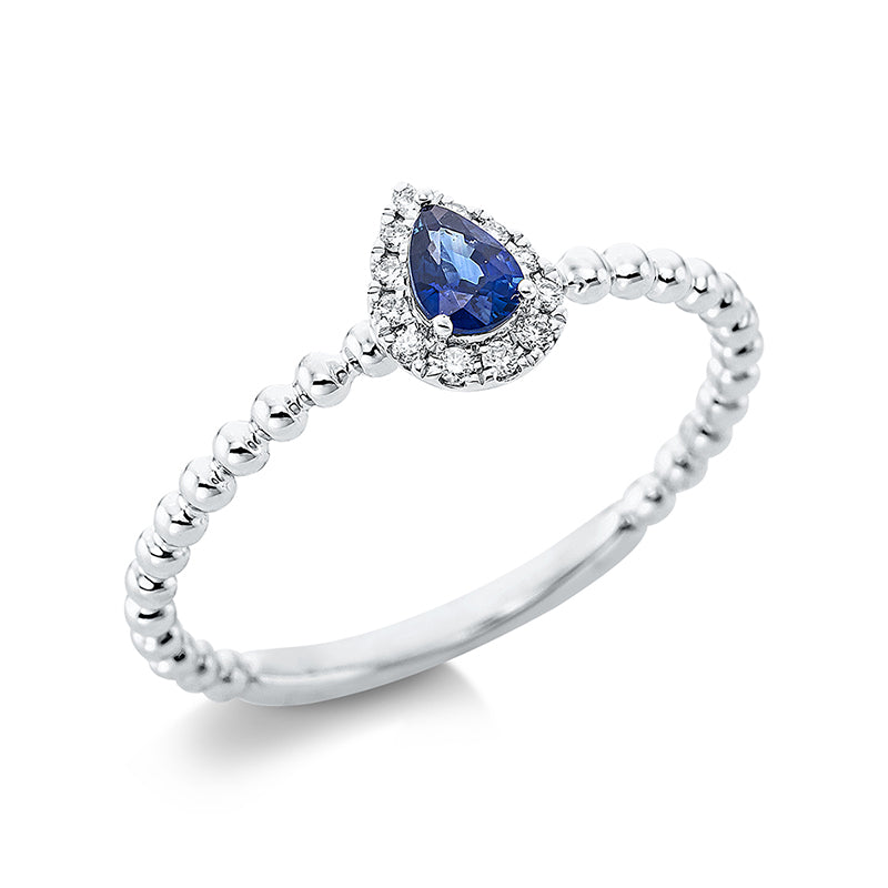 Ring 18 kt WG, 12 Brill. 0,05 ct, TW-si, 1 Saphir 0,17 ct blau