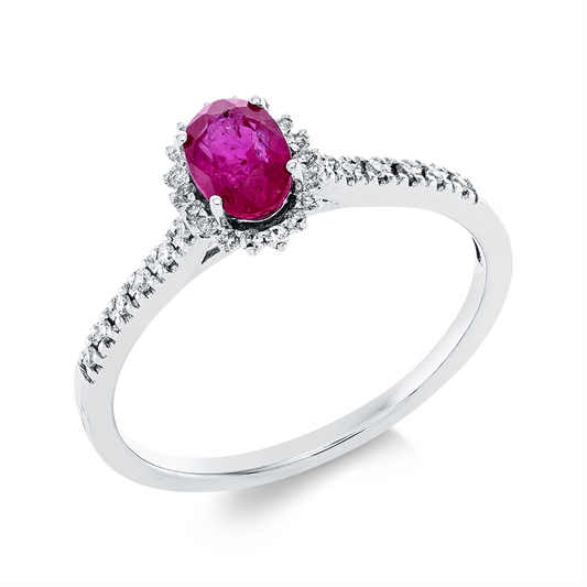Ring 18 kt WG, 30 Brill. 0,11 ct, TW-si, 1 Rubin 0,57 ct rot