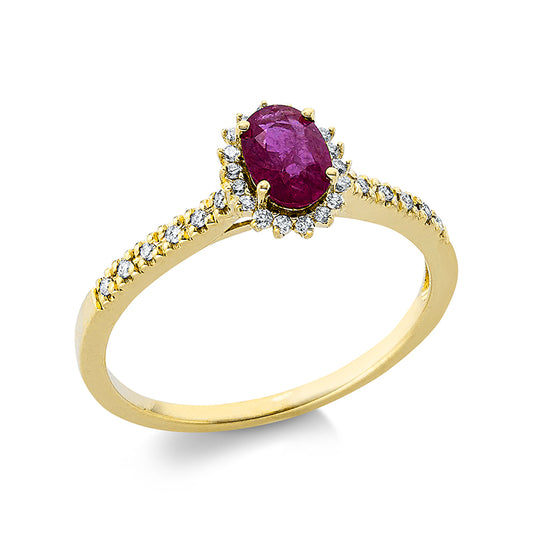 Ring 18 kt GG, 30 Brill. 0,11 ct, TW-si, 1 Rubin 0,49 ct rot