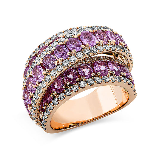 Ring 18 kt RG, 123 Brill. 1,77 ct, TW-vsi/si, 32 Saphire 6,50 ct pink