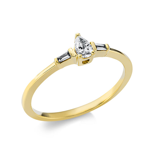 Ring 18 kt GG, 1 Tropfen 0,15 ct, TW-si, 2 Trap. 0,04 ct, TW-si