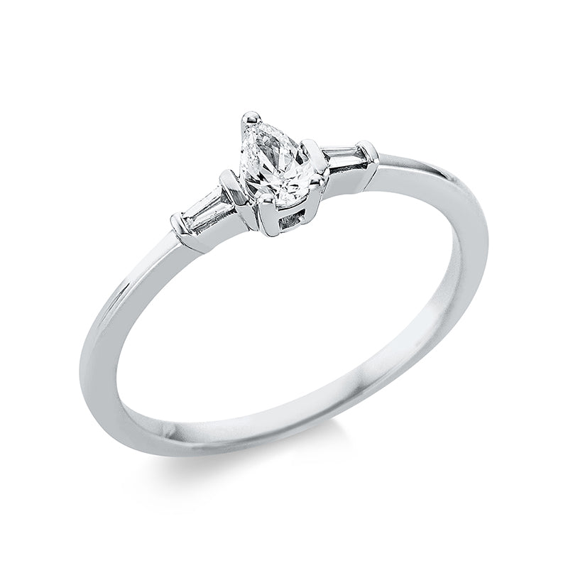 Ring 18 kt WG, 1 Tropfen 0,16 ct, TW-si, 2 Trap. 0,04 ct, TW-si