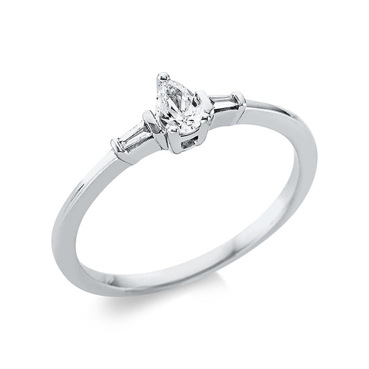 Ring 18 kt WG, 1 Tropfen 0,16 ct, TW-si, 2 Trap. 0,04 ct, TW-si