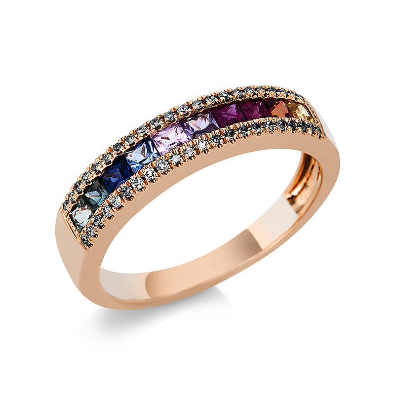 Ring 18 kt RG, 44 Brill. 0,10 ct, TW-pi, 10 Saphire 0,70 ct multicolor