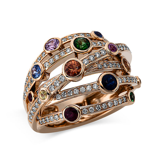 Ring 18 kt RG, 109 Brill. 0,72 ct, TW-vsi, 2 Rubine 0,18 ct rot, 11 Saphire 1,21 ct multicolor