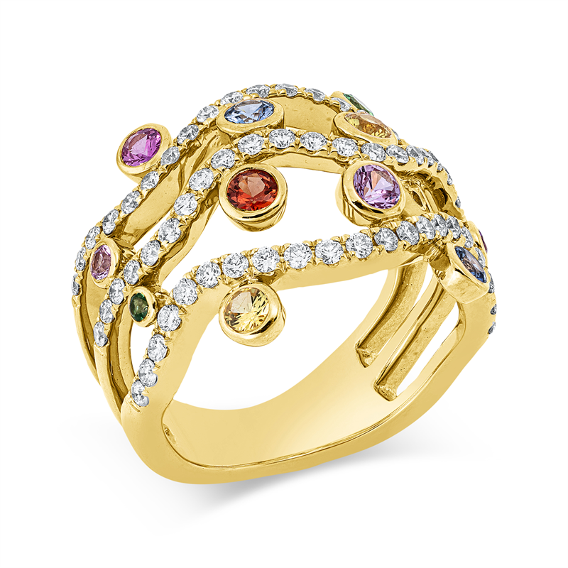 Ring 18 kt GG, 65 Brill. 0,74 ct, TW-vsi, 12 Saphire 0,78 ct multicolor