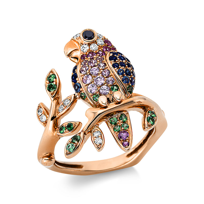 Ring 18 kt RG, 13 Brill. 0,11 ct, TW-vsi, 1 Brill. 0,03 ct, schwarz, 60 Saphire 0,84 ct multicolor