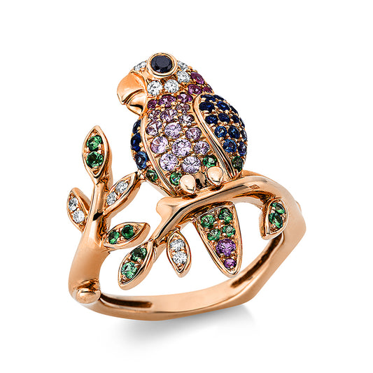 Ring 18 kt RG, 13 Brill. 0,11 ct, TW-vsi, 1 Brill. 0,03 ct, schwarz, 60 Saphire 0,84 ct multicolor