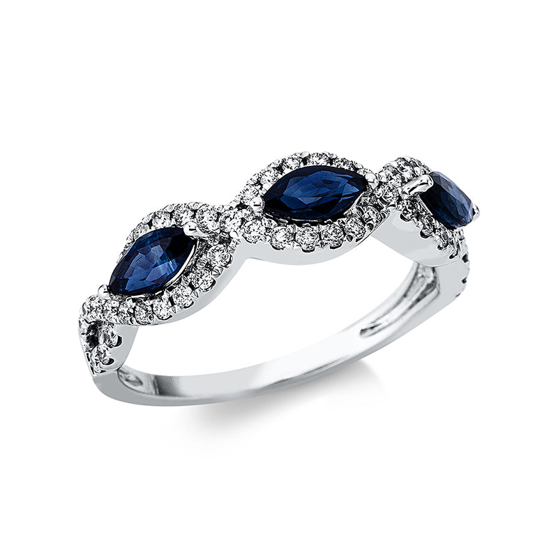 Ring 18 kt WG, 52 Brill. 0,39 ct, TW-si, 3 Saphire 1,09 ct blau