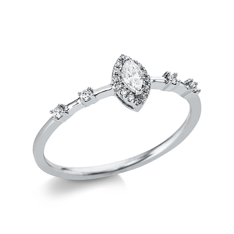 Ring 18 kt WG, 4 Dia. 0,04 ct, W-si, 1 Nav. 0,10 ct, TW-si, 14 Dia. 0,03 ct, W-si