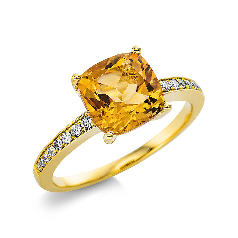 Ring 18 kt GG, 10 Brill. 0,05 ct, TW-si, 6 Brill. 0,05 ct, TW-si, 1 Citrin 2,09 ct gelb