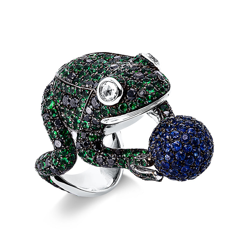 Ring 18 kt WG, 2 Brill. 0,28 ct, TW-vsi/si, 93 Brill. 1,85 ct, schwarz, 349 Farbsteine 7,20 ct multicolor