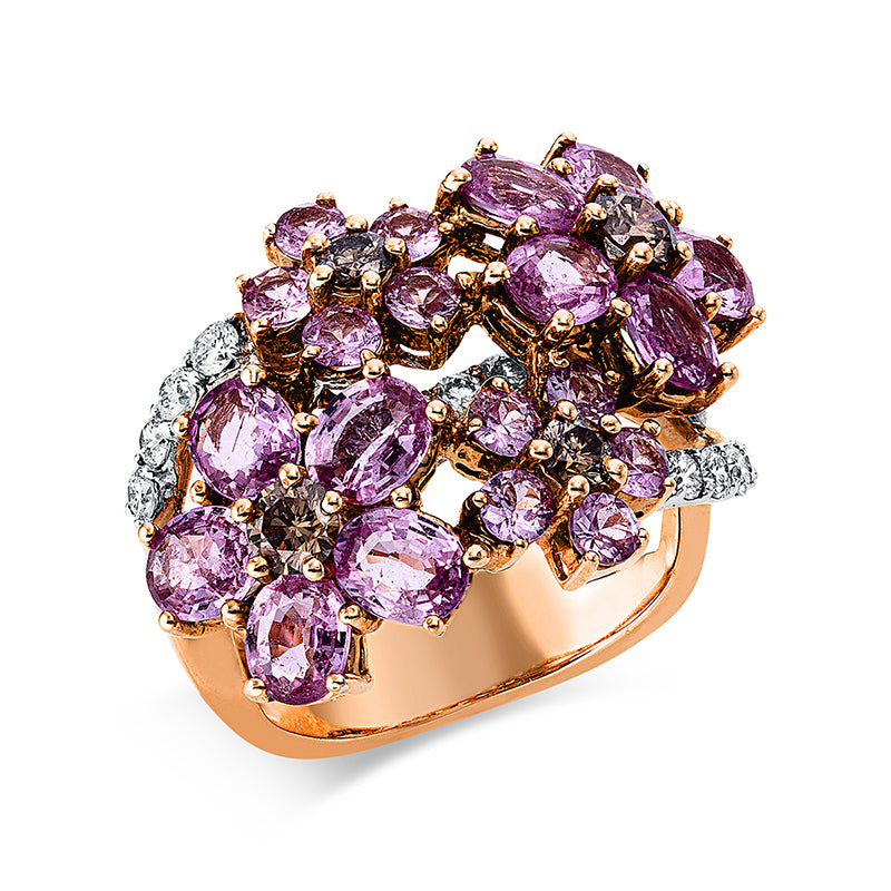 Ring 18 kt RG+WG, 17 Brill. 0,63 ct, TW-vsi/si, 4 Brill. 0,55 ct, braun, 20 Saphire 5,25 ct pink