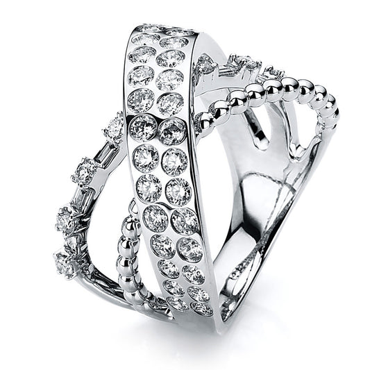 Ring 18 kt WG, 7 Bag. 0,15 ct, TW-vsi/si, 44 Brill. 1,23 ct, TW-vsi/si