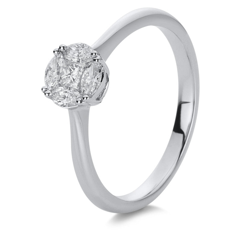 Ring 18 kt WG, 1 Princ. 0,07 ct, TW-vsi, 4 Nav. 0,29 ct, TW-vsi