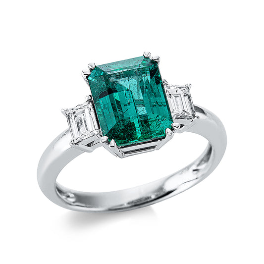 ABVERKAUF, Ring 18 kt WG, 2 Sm.schliff 0,40 ct, TW-vsi/si, 1 Smaragd 2,56 ct grün