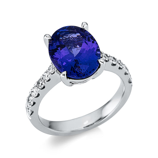 Ring 18 kt WG, 12 Brill. 0,49 ct, TW-si, 1 Tansanit 5,22 ct blau