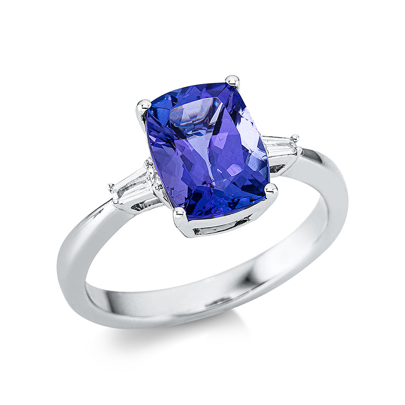 Ring 18 kt WG, 2 Trap. 0,14 ct, TW-si, 1 Tansanit 3,82 ct blau