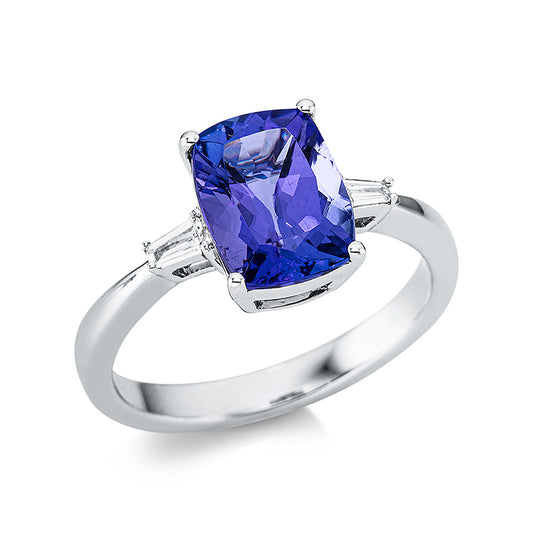 Ring 18 kt WG, 2 Trap. 0,14 ct, TW-si, 1 Tansanit 3,82 ct blau