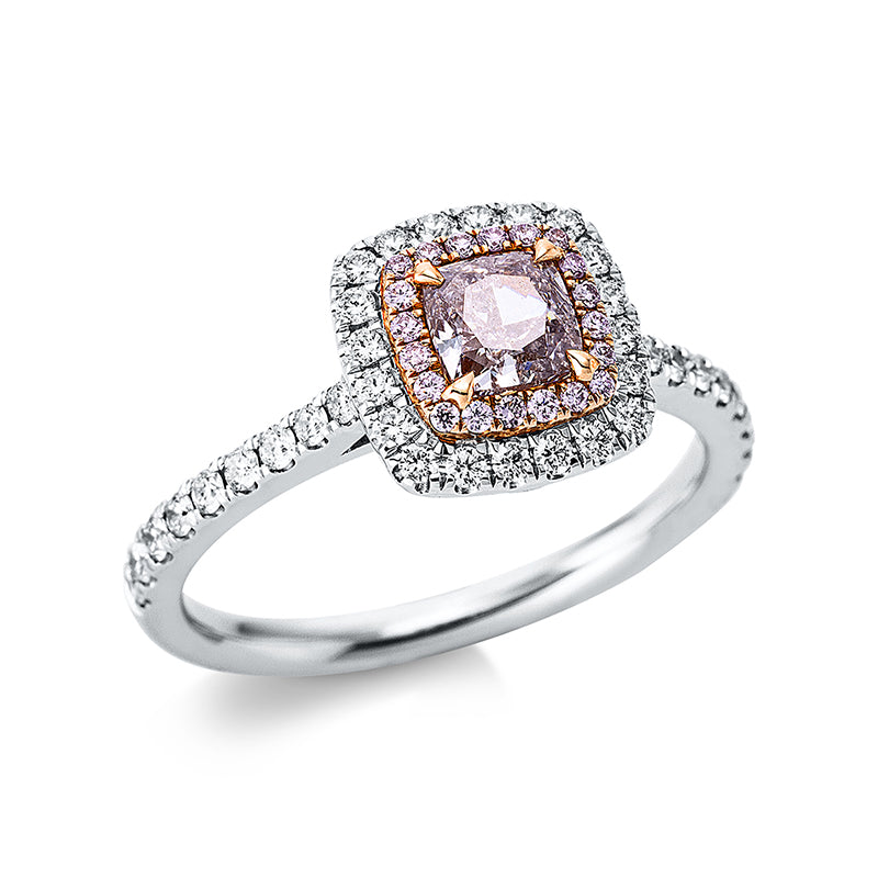 Ring 18 kt WG+RG, GIA, 1 Cushion 0,53 ct, pink-i2, 20 Brill. 0,07 ct, pink, 38 Brill. 0,33 ct, D-F-si