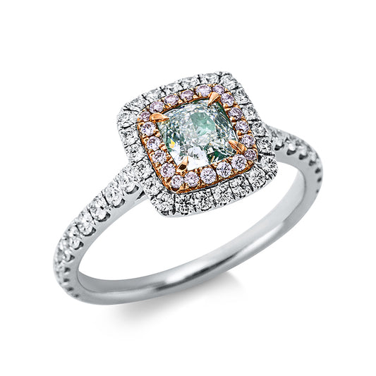 Ring 18 kt WG+RG, 76 Brill. 0,57 ct, TW-vsi/si, 1 Cushion 0,56 ct, grün, 20 Brill. 0,08 ct, pink