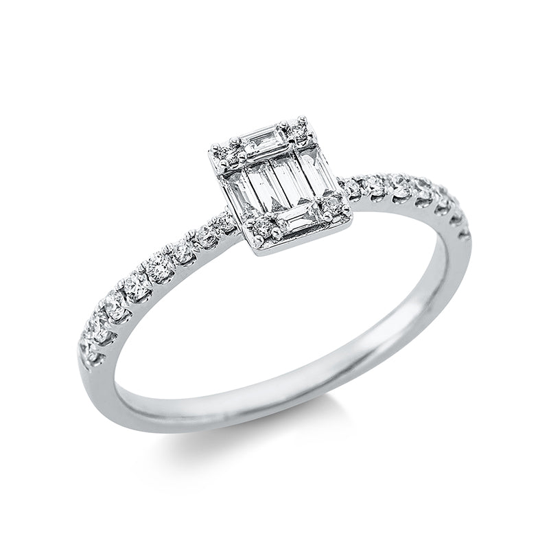 Ring 18 kt WG, 10 Brill. 0,12 ct, TW-si, 2 Bag. 0,03 ct, TW-vsi, 4 Bag. 0,08 ct, TW-vsi, 10 Brill. 0,05 ct, TW-si