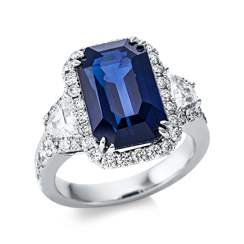 Ring 18 kt WG, 2 Fant-Schl. 0,62 ct, TW-si, 50 Brill. 1,07 ct, TW-si, 1 Saphir 9,48 ct blau