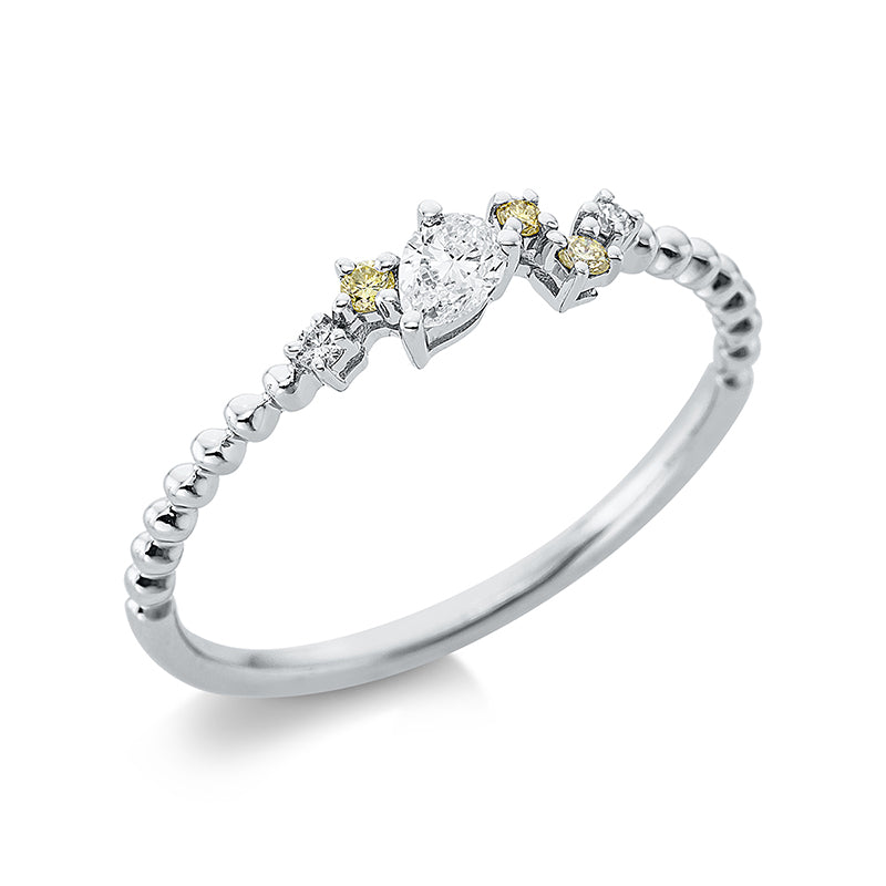 Ring 18 kt WG, 1 Tropfen 0,11 ct, TW-vsi, 2 Brill. 0,02 ct, TW-si, 3 Brill. 0,04 ct, gelb