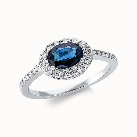 Ring 18 kt WG, 26 Brill. 0,35 ct, TW-si, 1 Saphir 0,95 ct blau