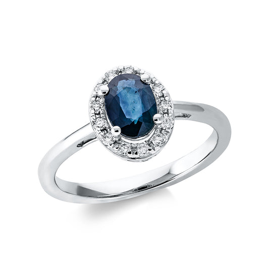 Ring 18 kt WG, 13 Brill. 0,14 ct, TW-si, 1 Saphir 0,88 ct blau