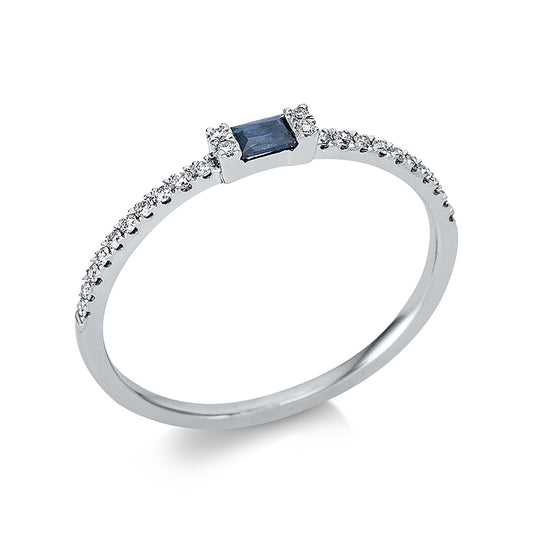 Ring 18 kt WG, 24 Brill. 0,09 ct, TW-si, 1 Saphir 0,12 ct blau