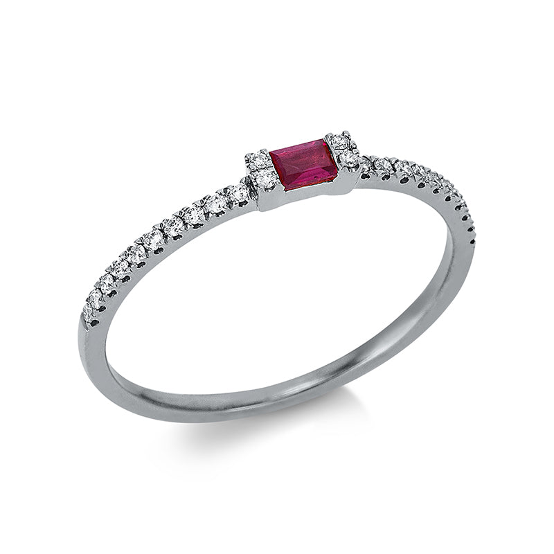 Ring 18 kt WG, 24 Brill. 0,09 ct, TW-si, 1 Rubin 0,11 ct rot