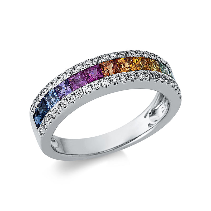 Ring 18 kt WG, 46 Brill. 0,29 ct, TW-si, 13 Saphire 1,04 ct multicolor