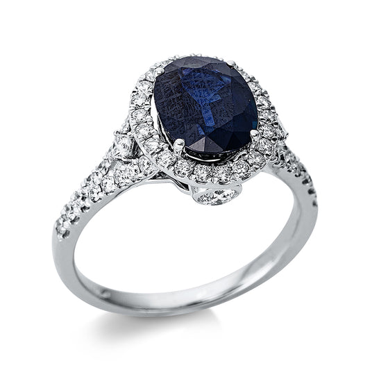 Ring 18 kt WG, 2 Brill. 0,20 ct, TW-si, 2 Princ. 0,07 ct, TW-si, 48 Brill. 0,50 ct, TW-si, 1 Saphir 2,66 ct rot