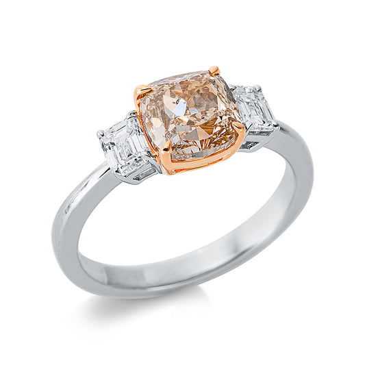 Ring 18 kt WG+RG, 2 Sm.schliff 0,25 ct, TW-si, 1 Cushion 2,01 ct, braun