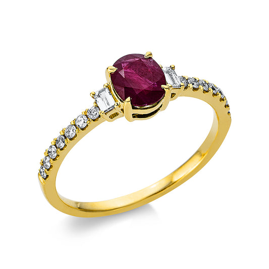 Ring 18 kt GG, 2 Bag. 0,07 ct, TW-si, 14 Brill. 0,14 ct, TW-si, 1 Rubin 0,78 ct rot