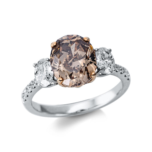 Ring 18 kt WG+RG, 2 Oval 0,61 ct, TW-si, 10 Brill. 0,17 ct, TW-si, 1 Oval 3,19 ct, braun