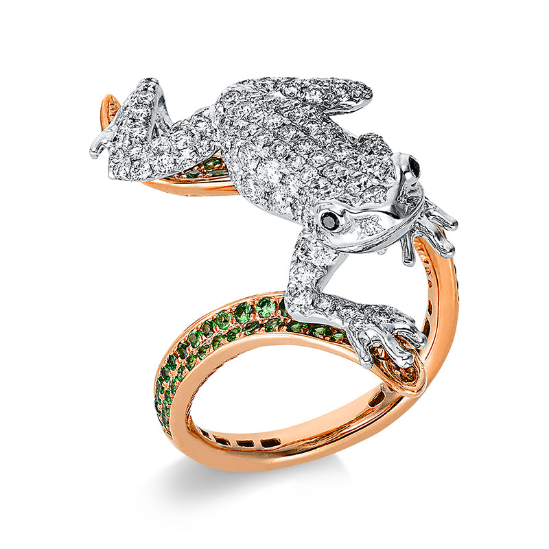 Ring 18 kt RG+WG, 131 Brill. 1,23 ct, TW-vsi, 2 Brill. 0,01 ct, schwarz, 60 Tsavorith 0,50 ct grün