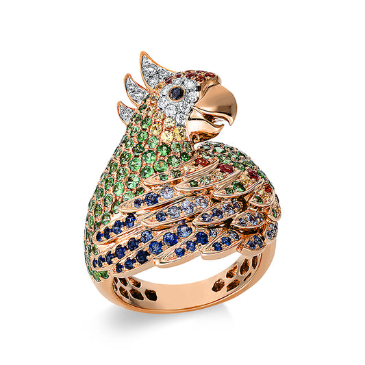 Ring 18 kt RG+WG, 28 Brill. 0,26 ct, TW-vsi, 2 Brill. 0,03 ct, schwarz, 86 Saphire 1,13 ct multicolor, 108 Tsavorith 1,89 ct grün