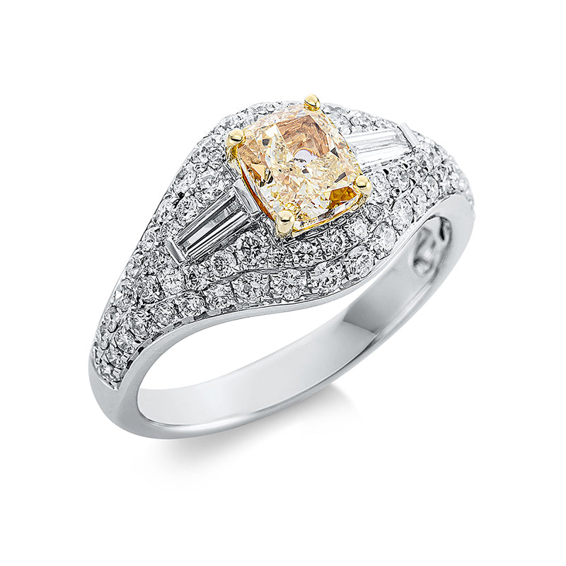 Ring 18 kt WG+GG, GIA5383509436, 2 Bag. 0,12 ct, TW-si, 1 Cushion 1,01 ct, gelb-pi, 68 Brill. 0,71 ct, TW-si