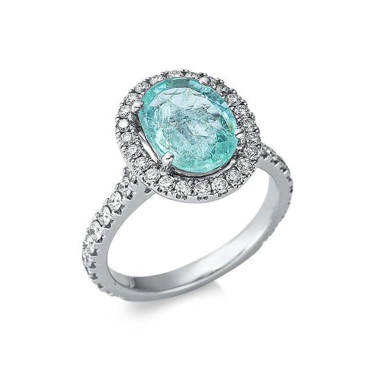 Ring 18 kt WG, 46 Brill. 0,79 ct, TW-vsi/si, 1 Turmalin 2,46 ct blau