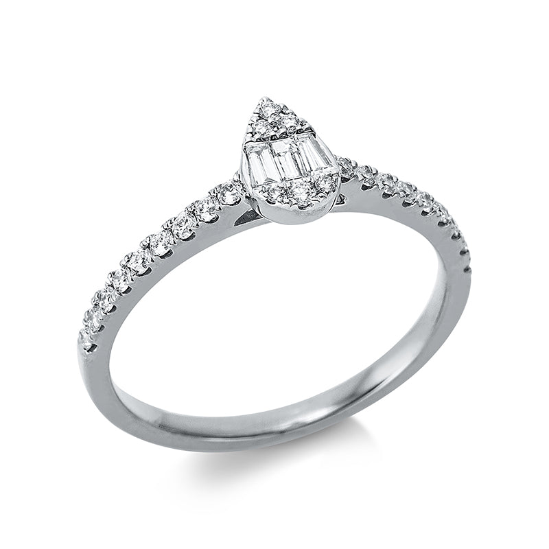 Ring 18 kt WG, 5 Brill. 0,02 ct, TW-si, 3 Bag. 0,08 ct, TW-si, 19 Brill. 0,19 ct, TW-si