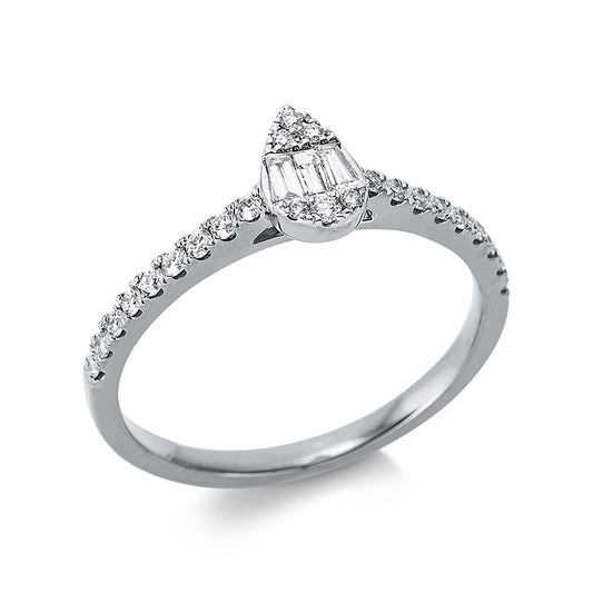 Ring 18 kt WG, 5 Brill. 0,02 ct, TW-si, 3 Bag. 0,08 ct, TW-si, 19 Brill. 0,19 ct, TW-si