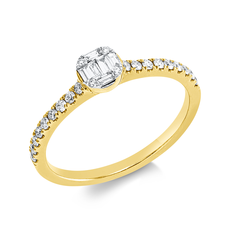Ring 18 kt GG, Fassung rhodiniert, 2 Trap. 0,03 ct,4 Trap. 0,06 ct, TW-si, 22 Brill. 0,20 ct, TW-si