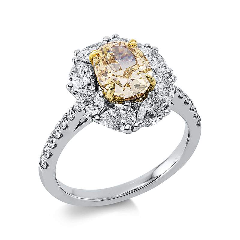 Ring 18 kt WG+GG, GIA5196052867, 8 Tropfen 1,20 ct, TW-vsi, 1 Oval 1,71 ct, gelb-vsi, 18 Brill. 0,21 ct, TW-vsi