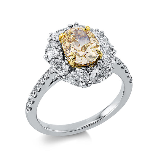 Ring 18 kt WG+GG, GIA5196052867, 8 Tropfen 1,20 ct, TW-vsi, 1 Oval 1,71 ct, gelb-vsi, 18 Brill. 0,21 ct, TW-vsi