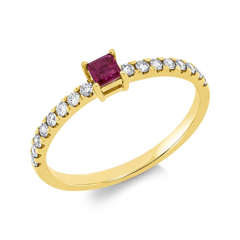Ring 18 kt GG, 16 Brill. 0,22 ct, W-si, 1 Rubin 0,19 ct rot